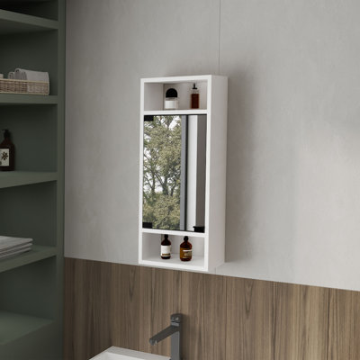Pharmacie en pin avec porte miroir et rangement ouvert, blanc