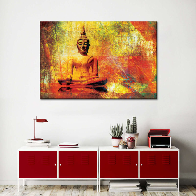 Bouddha assis grunge sur toile, H 34 po x l 51 po x P 1,25 po