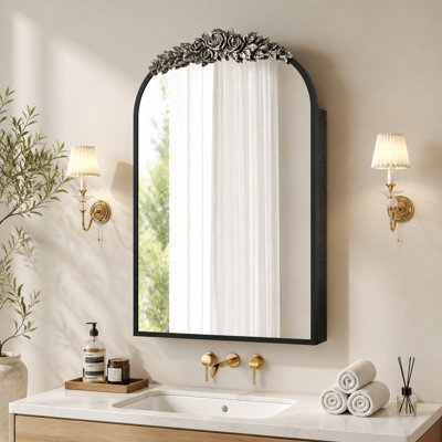 Armoire à pharmacie vintage avec miroir et rangement, 40,6 x 61 cm, miroir mural arqué pour salle de bain avec dessus sculpté, encastrable et en applique, avec étagère réglable et crochets à bijoux, noire
