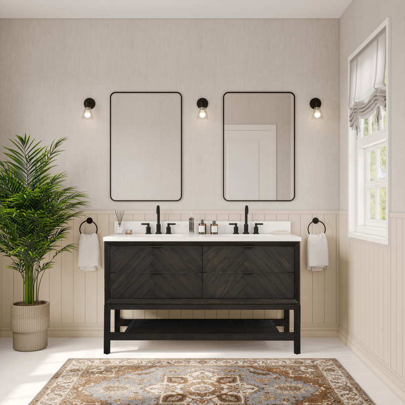 Meuble-lavabo autoportant 60 po en bois massif brun foncé avec plateau en marbre d'ingénierie 60 po, Dark Brown Oak
