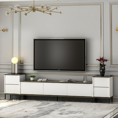 Modern TV Unit with Nightstands (2 Pieces), White & Black with Gold Accents, Total Dimensions: 102.4 x 23.6 x 13.8 inches | 100% Melamine Coated Particle Board, Numerous Shelves | Stylish and Functional Design for Contemporary Living Rooms