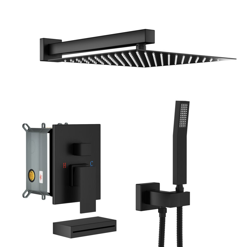 Shower System With Waterfall Tub Spout,12 Inch Wall Mounted Square Shower System With Rough-In Valve, Matte Black
