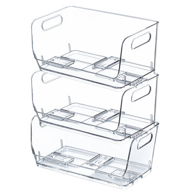 Basicwise Set Of 3 Open-front 12-inch Clear Storage Bins With Easy-grip Handles Stackable Transparent Plastic Organizer Container For Pantry Cabinet Refrigerator Drawers Closets And Shelves, Large