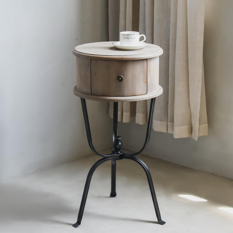 Desibor Round Wood Nightstand With Drawer And Metal Legs - Modern Farmhouse Bedside Table For Living Room, Bedroom