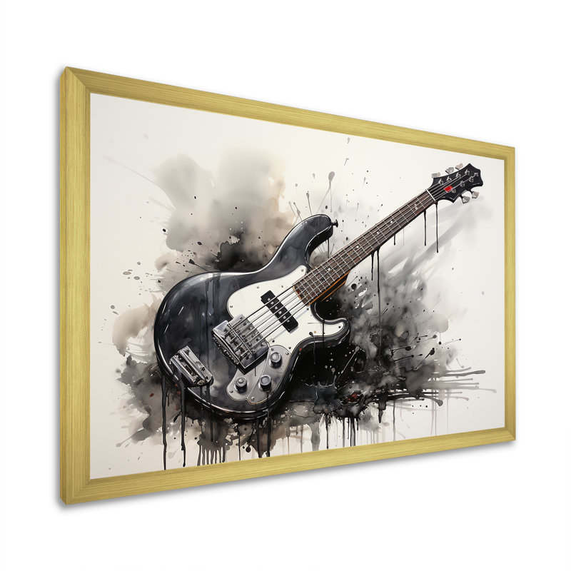 «Brown Charcoal Guitare Vibations II», art mural musique, Cadre d'angle fermé doré, H 16 po x l 32 po x P 1 po