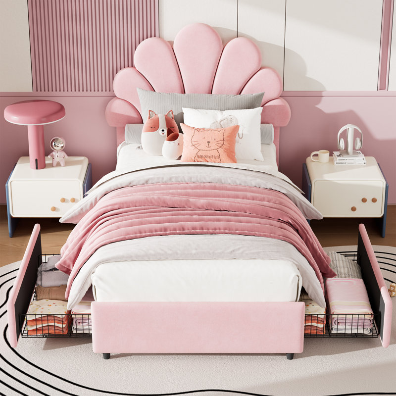 Twin Size Upholstered Platform Bed Frame Cute Princess Style Velvet Headboard with 2 Storage Drawers, Solid Wood Slats Support, No Box Spring Needed, Easy Assembly, Pink