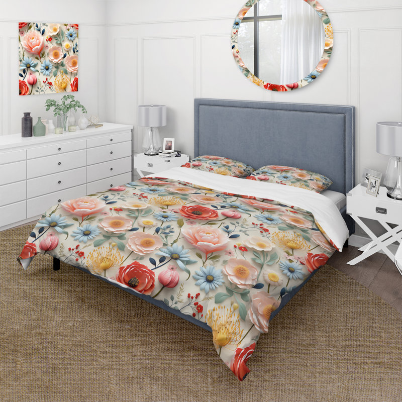 Delight Pink And Beige Floral Pattern I - Ensemble de housse de couette à motif floral