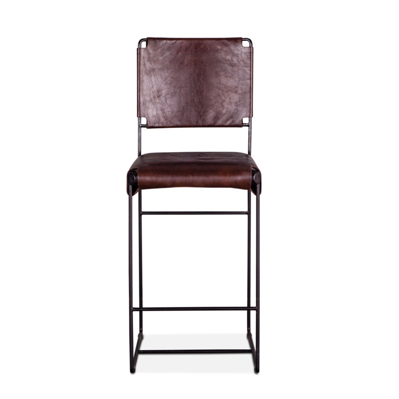 Kaim Upholstered Counter Stool with Metal Frame, Genuine Leather-Dark Brown