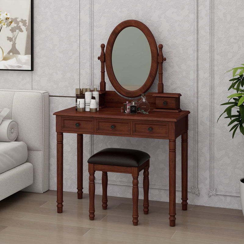 Ensemble de coiffeuse avec miroir à angle réglable, table de maquillage rétro et tabouret rembourré avec doublure en velours 5 tiroirs