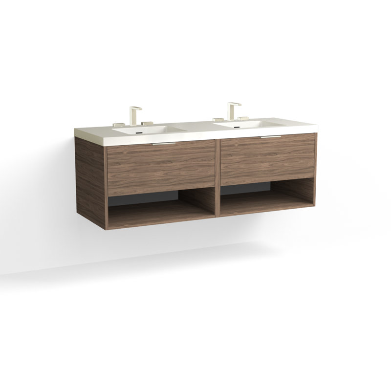 Modo 60" W Wall Mounted Double Bathroom Vanity, White Acrylic, Satin Nickel, Glossy White/Single