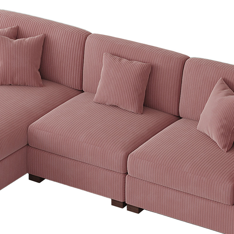 Canapé modulaire rembourré 3 pièces en velours côtelé-L, Orienté à gauche (vu de face), Velours côtelé rose