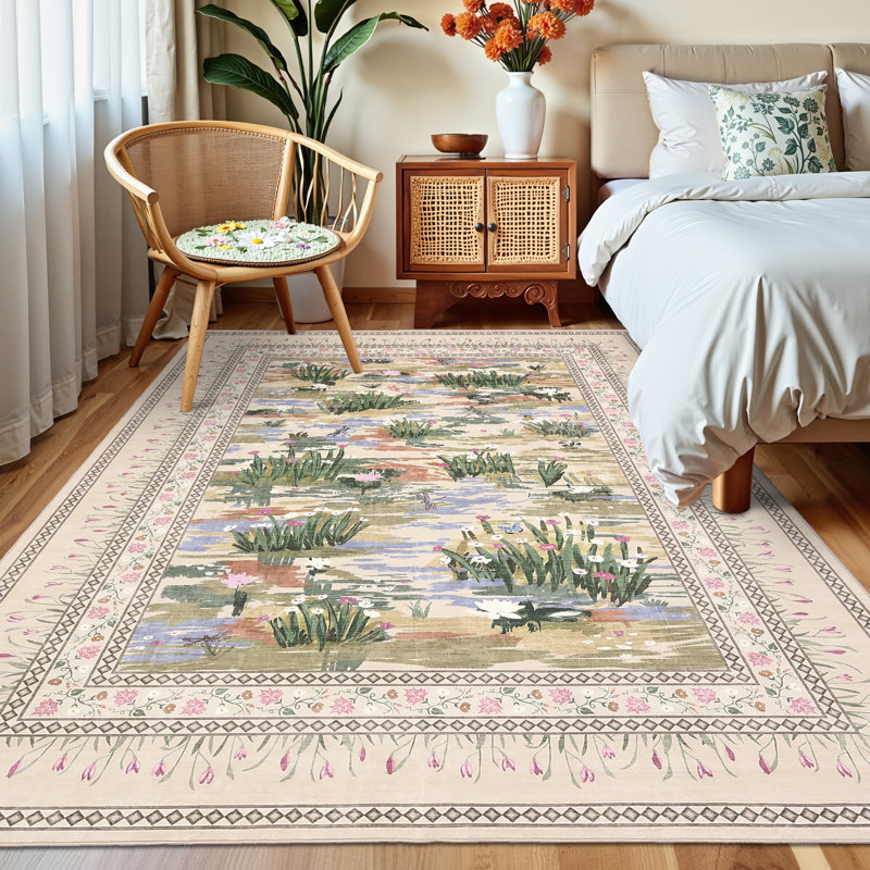 Washable Rug for Living Room, Soft Non Slip Floral Bedroom Rugs, Water Lily Pond Cute Nursery Rug, Large Low Pile Stain Resistant Farmhouse Rugs