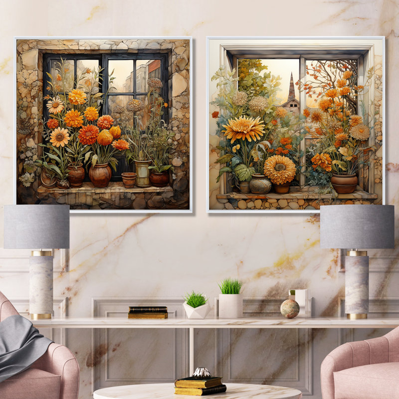 Ensemble de salon art mural jaune et vert avec ferme à fleurs I, Cadre flottant blanc, H 36 po x l 73 po x P 1,5 po