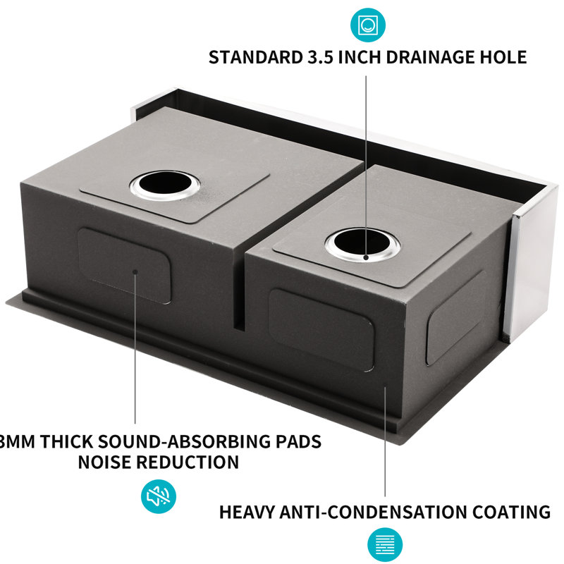 33 Inch Double Bowl  60/40  Stainless Steel Sink With Apron Design And Functional Workspace, Brushed Nickel, Comes Drain Installation Tools Step Workstation, - Package