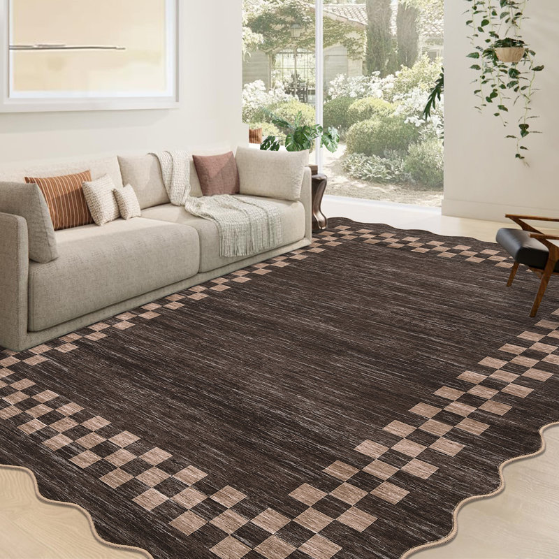 Scalloped Area Rugs Modern Bordered Accent Carpet,Non-Slip Floor Cover,Stain-Resistant Indoor Mat for Bedroom,Kitchen,Living Room