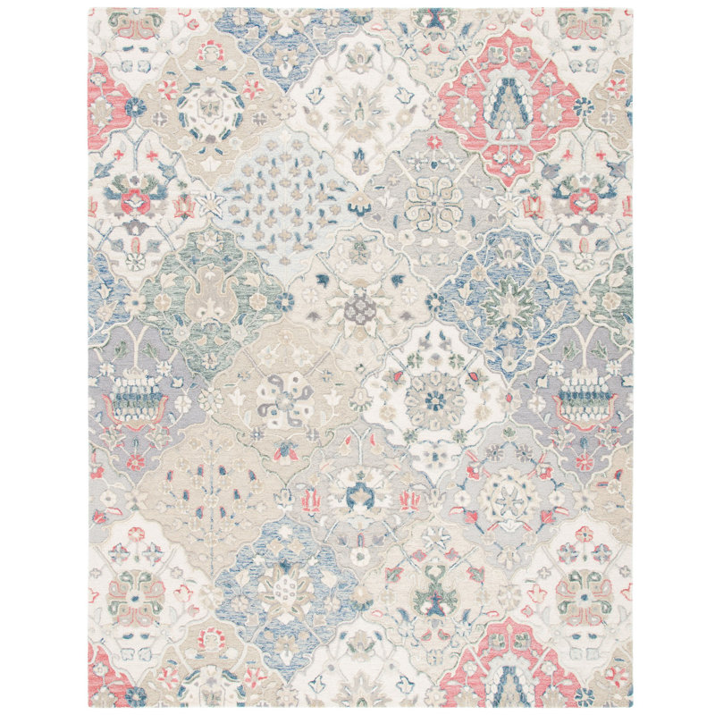 Tapis rose / bleu marine / ivoire en laine touffeté à la main de style oriental Tecumseth, Rectangle 8 pi x 10 pi