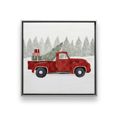«Red Truck Christmas Tree Pickup», reproduction sur toile dans un cadre en chrome poli