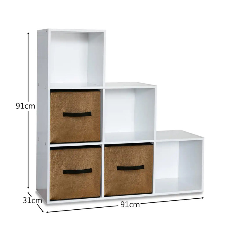 6 Cube Bookcase Ladder Storage Unit - Chalk White with Jute Boxes