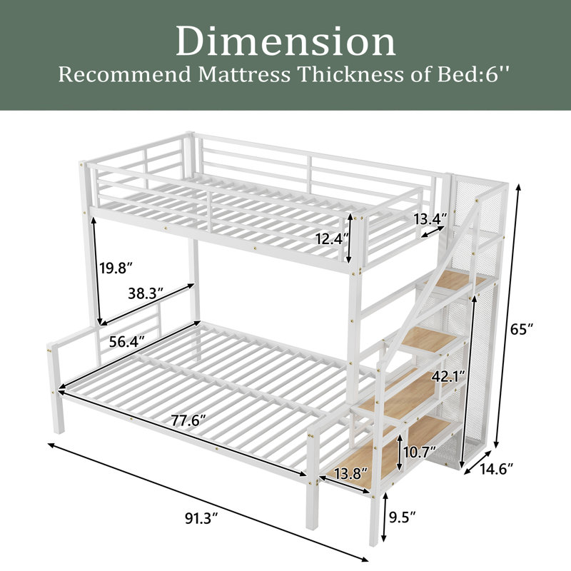 Lit superposé simple au-dessus d'un lit double en métal avec escalier de rangement et garde-robe ouverte, Blanc
