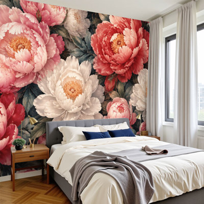 Papier peint adhésif pelez et collez, pivoine rose, pêche, feuilles vertes, romantique, botanique, H 100 po x l 144 po, papier peint imperméable et amovible pour chambre à coucher, salon, dortoir, décoration