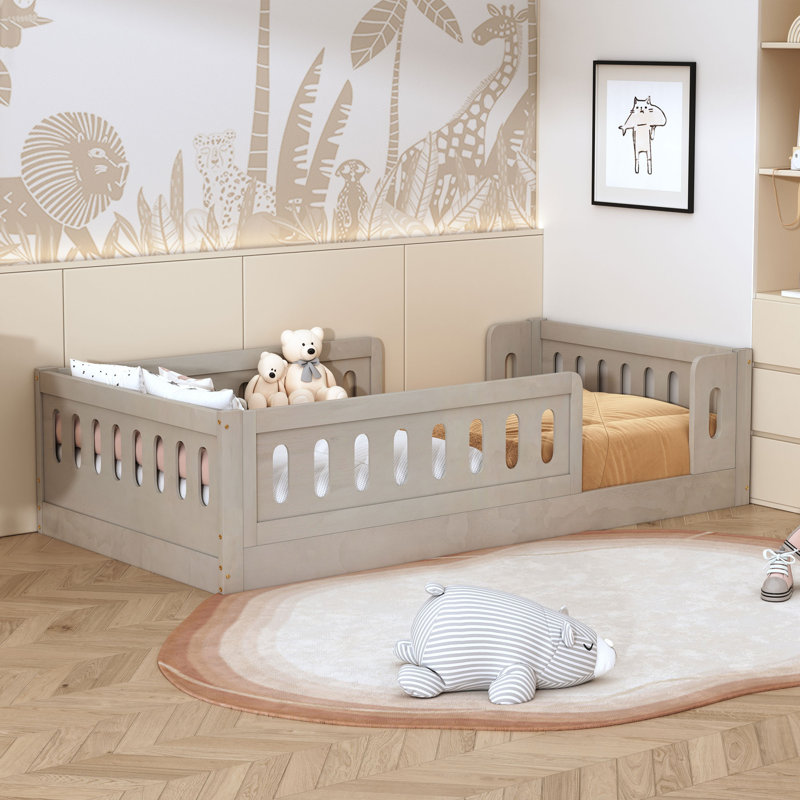 Wood Floor Bed with Semi-Enclosed Guardrails, Natural, Twin