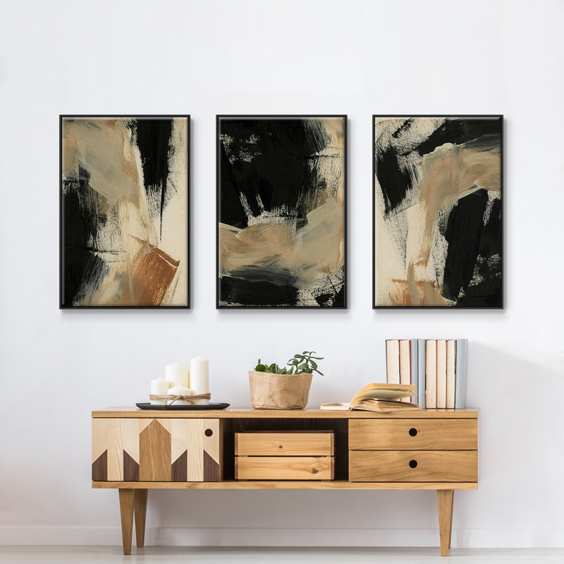 " Baked Paintstrokes IV " 3 - Pieces, 27" H x 54" W x 2" D, Black