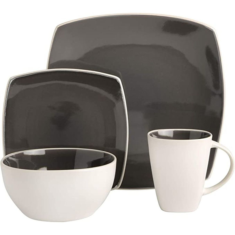 Gray and White Square Ceramic Dinnerware Set, Service for 4