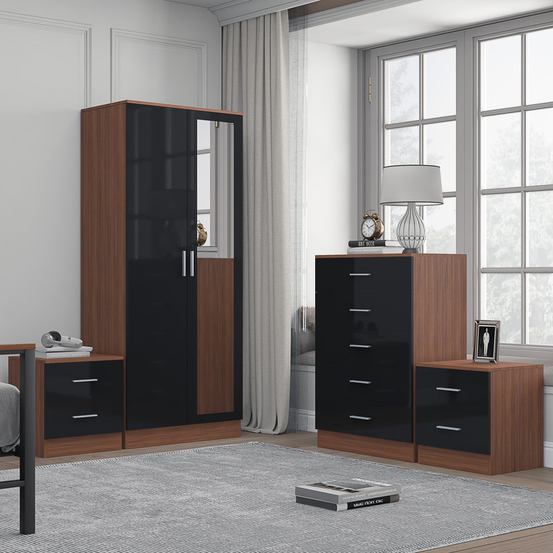 Eva Piece Bedroom Set, Black Gloss / Walnut