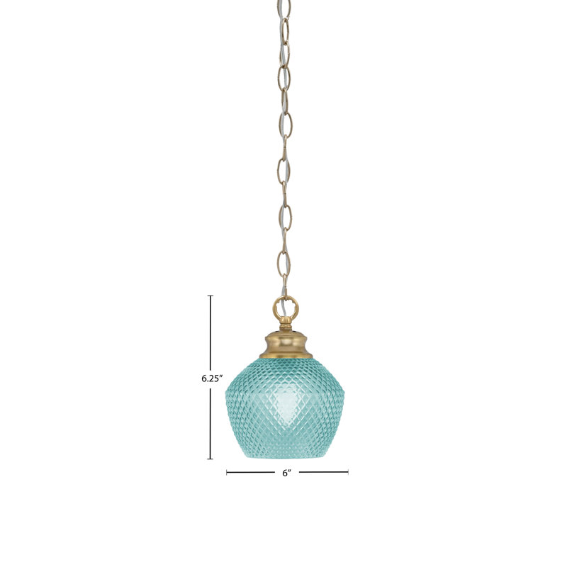 Luminaire suspendu Quapaw Zola avec verre texturé turquoise 6 po, Laiton New Age