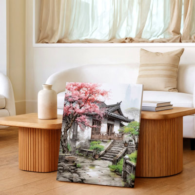 Aquarelle, paysage, temple japonais, arbre de fleurs de cerisier, reproduction d'art sur toile, œuvre d'art décorative pour bureau à domicile, salon, couloir, décor de chambre, décoration