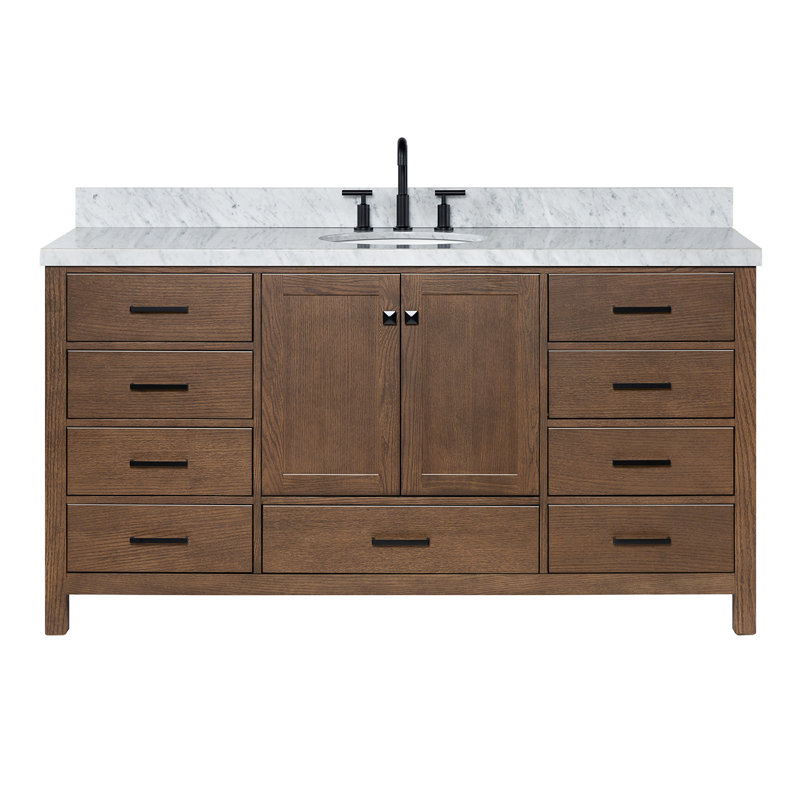 Meuble-lavabo sur pied simple 67 po avec plateau en marbre Grevera, Rectangular, Chêne brun