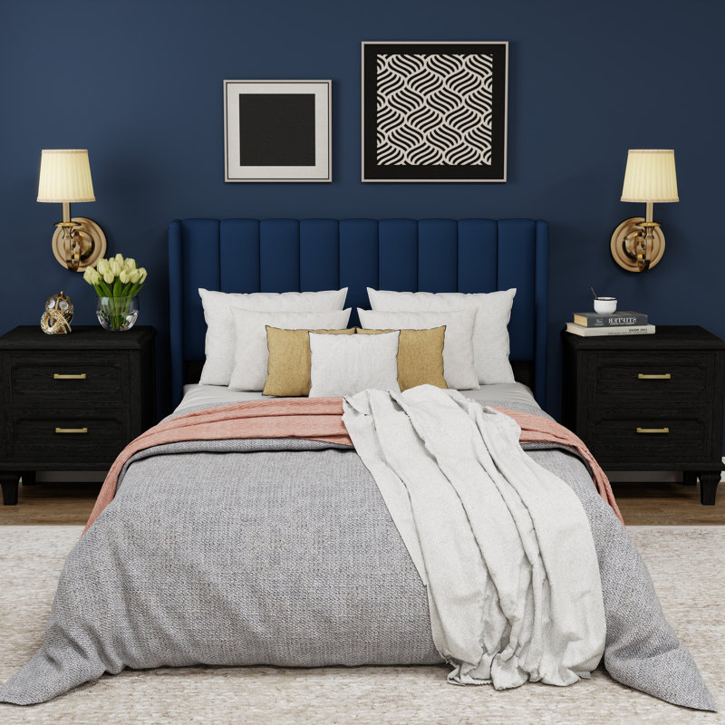 Upholstered Wingback Platform Bed, Blue, Full