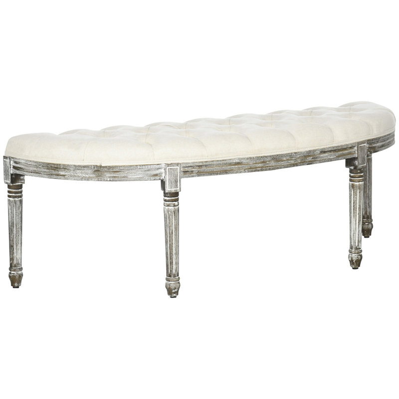 Banc en demi-cercle de bout de lit capitonné avec banc d'entrée en bois d'hévéa, blanc cassé