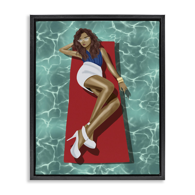 «Lounging on Pool Raft» par Saba Rauf, Cadre flottant noir de jais, H 21 po x l 17 po
