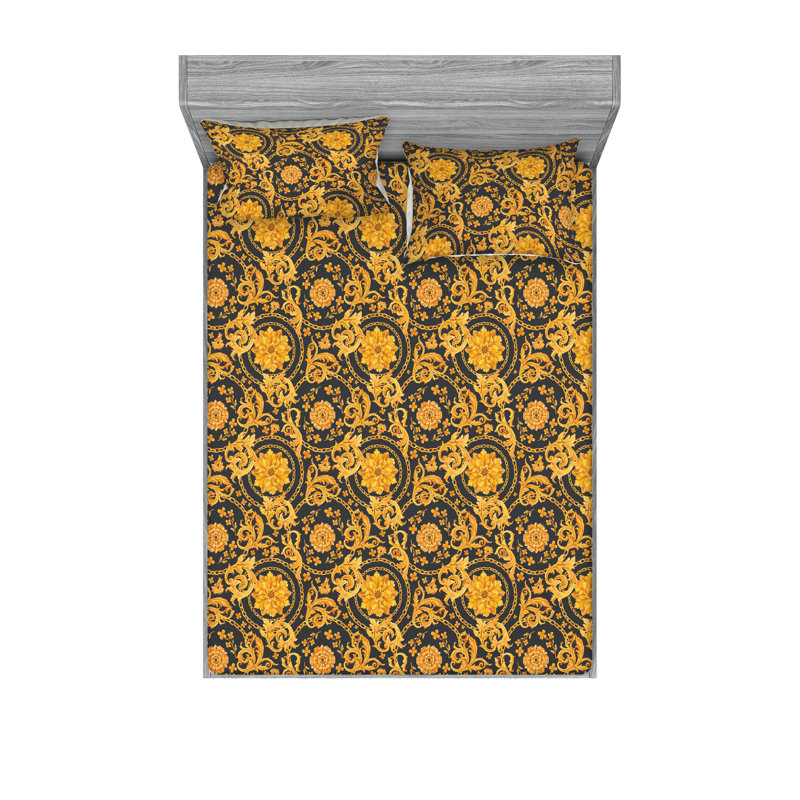 Ambesonne Fitted Sheet & Shams, King Sheet Set with 2 Pillowcases, Marigold/Charcoal Gray Damask