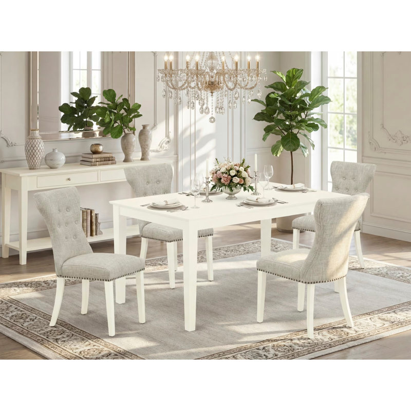 5 Piece Dining Room Table Set Includes a Rectangle Kitchen Table and 4 Doeskin Linen Fabric Parsons Dining Chairs, Linen White