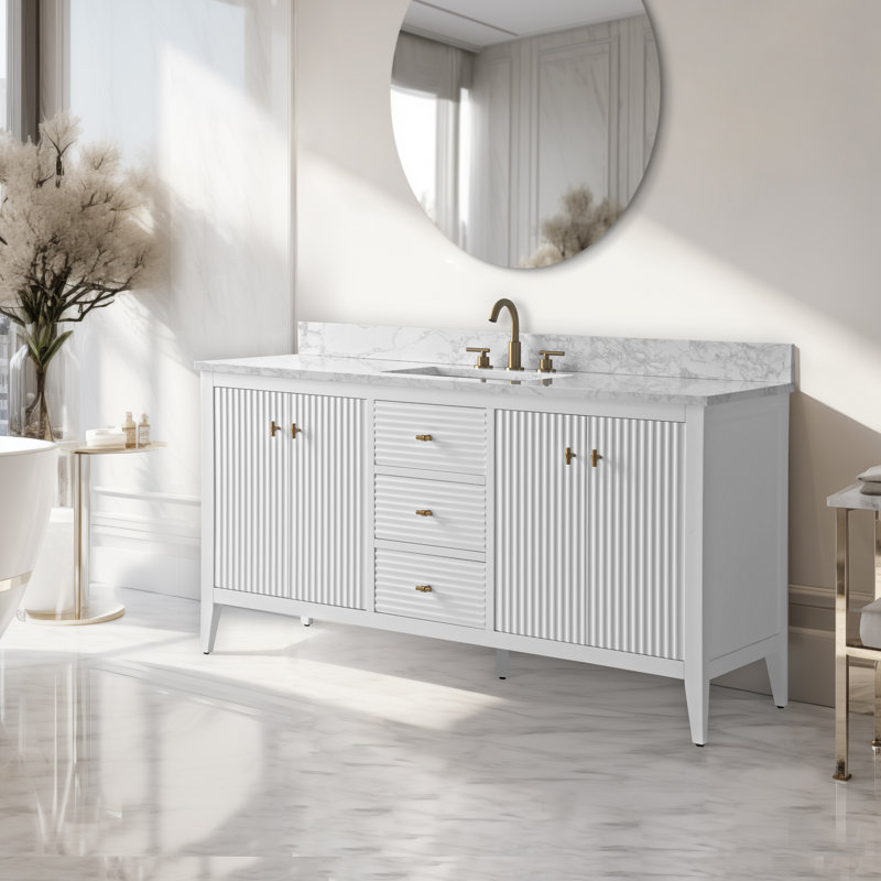 Meuble-lavabo simple 60 po avec plateau en marbre d'ingénierie 60 po, Doré brossé, Blanc linéaire