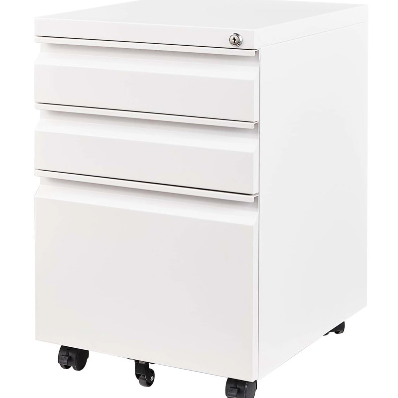 Classeur verrouillable 3 tiroirs en métal, blanc. Entièrement assemblé pour le bureau à domicile. Convient aux lettres / format légal / A4. Compartiment de rangement sécuritaire. Les tiroirs sont livrés avec un plateau à crayons amovible. Une mobilité sans effort