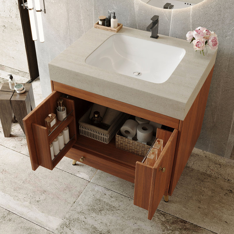 Meuble-lavabo autoportant avec comptoir en faux marbre et lavabo en céramique, armoire de rangement à double porte de 30 po, bois d'ingénierie imperméable, pieds dorés