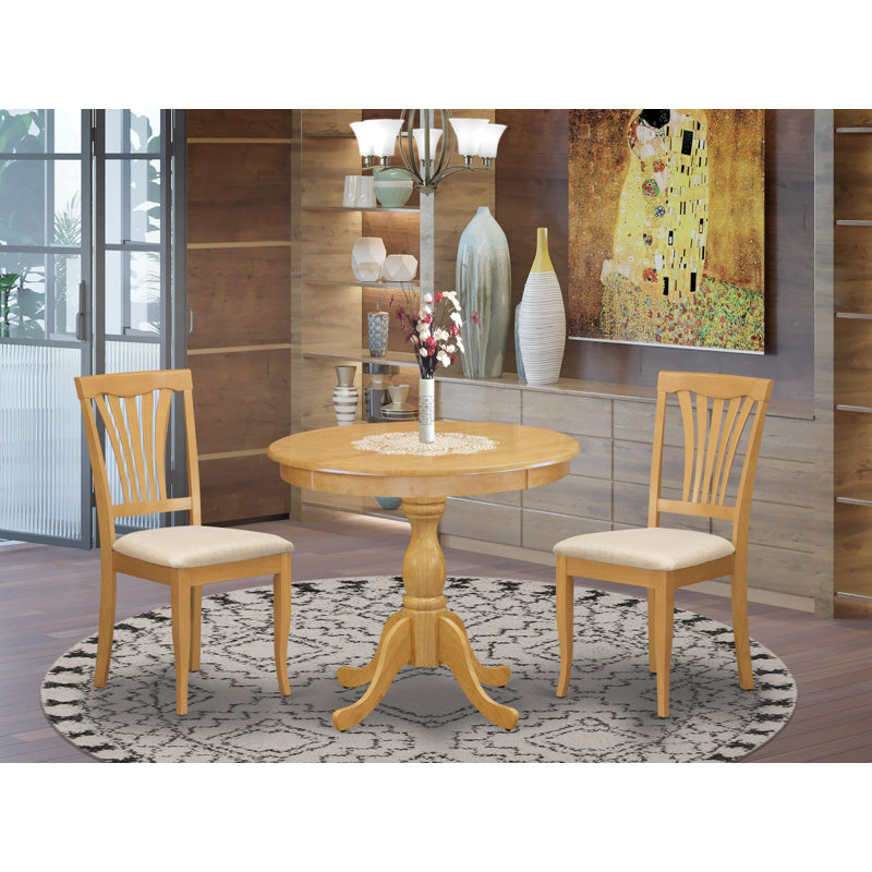  3 Piece Dining Room Set Includes 1 Modern Kitchen Table and 2 Oak Linen Fabric Dinning Room Chairs with Slatted Back - Oak Finish