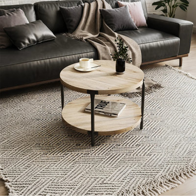 Table basse ronde en bois naturel à 2 niveaux avec tablette de rangement en métal