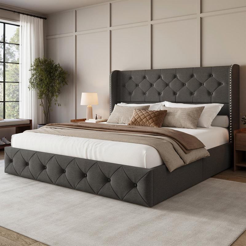 Lit plateforme tapissier avec tiroirs de rangement, structure de lit capitonnée avec dossier à oreilles et tête de lit, gris foncé