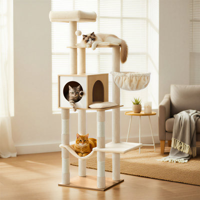 Arbre à chat 65 po, condo à plusieurs niveaux avec grotte, panier, hamac, pompon, poteaux à griffer