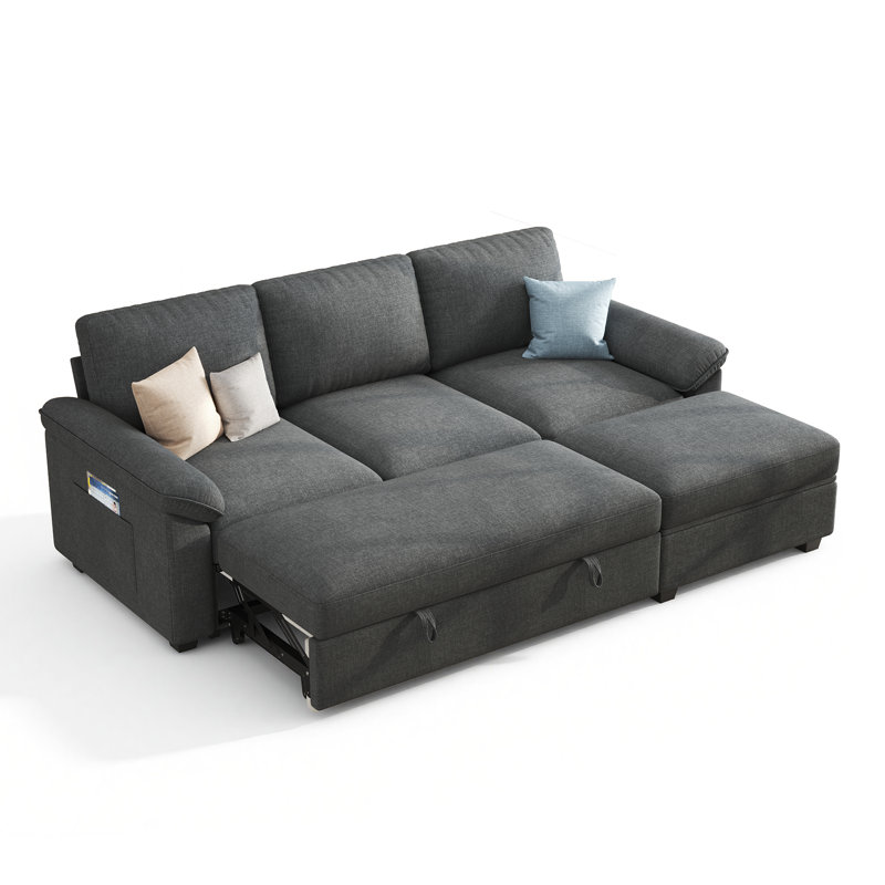 Canapé-lit d'angle Ahn en forme de L avec lit gigogne et pouf de rangement amovible, gris, 4, Gris, L-Shaped