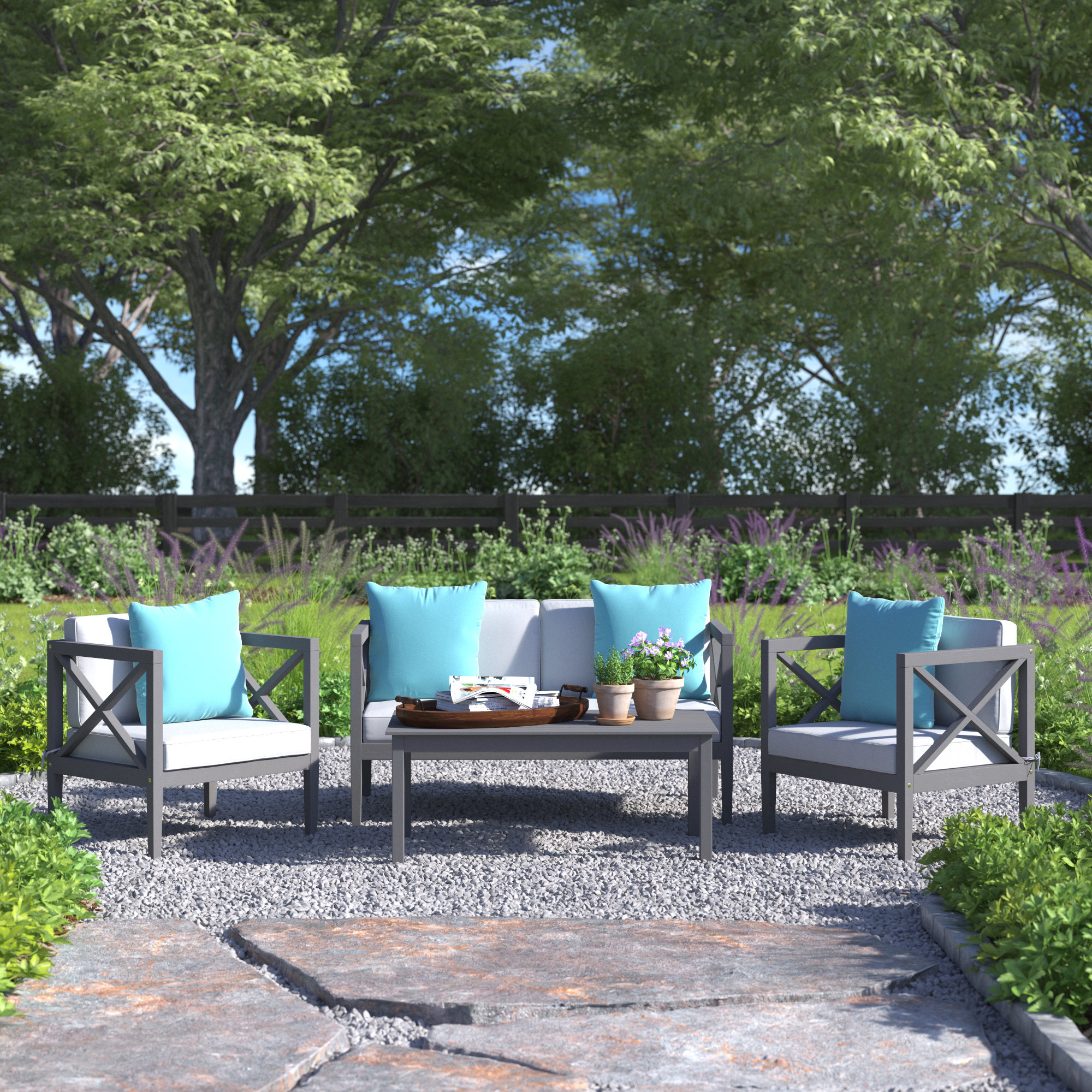 Mondovi Eucalyptus 4 - Person Patio Conversation Set with Cushions, Teal, Grey Wash Frame/White Cushion