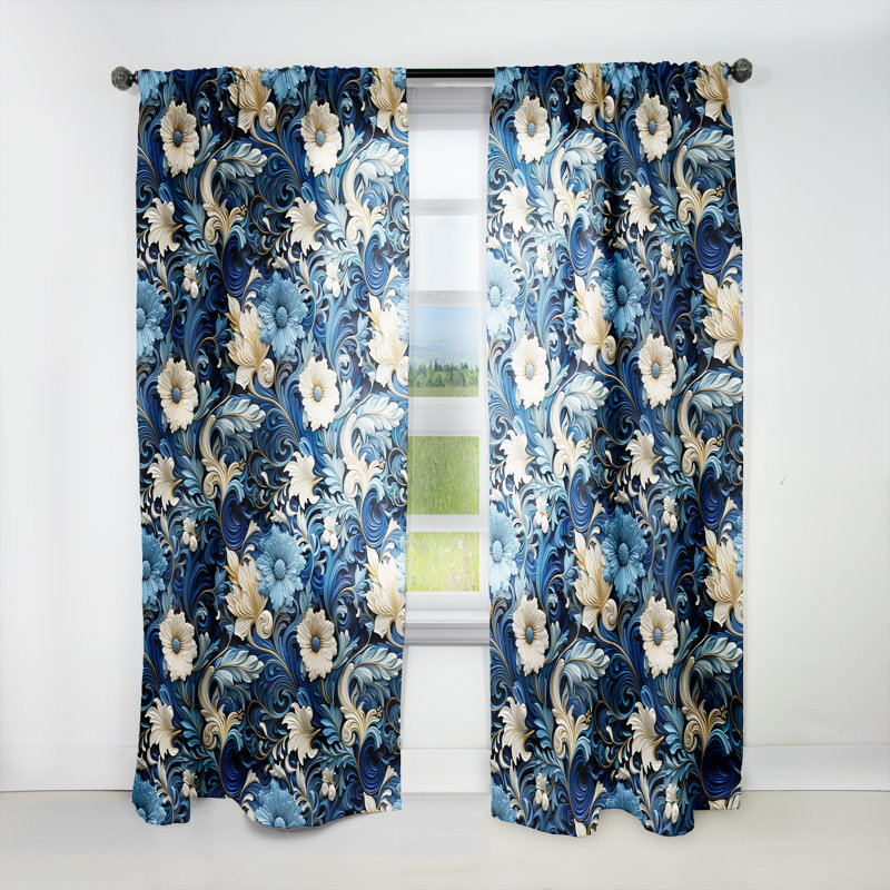 Motif victorien à volutes bleues - Rideau floral - Velours obscurcissant - 1 panneau, L 52 po x L 120 po