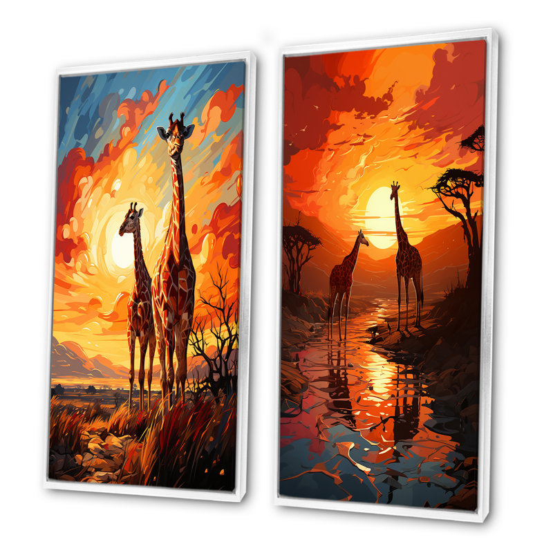 Girafe, horizon africain - ensemble de 2 reproductions d'art mural girafe, Cadre blanc, H 40 po x l 41 po