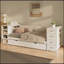 Lit de jour simple en bois blanc avec lit gigogne, tablettes latérales, tiroirs et bureau multifonctionnel, idéal pour économiser de l'espace et vivre.
