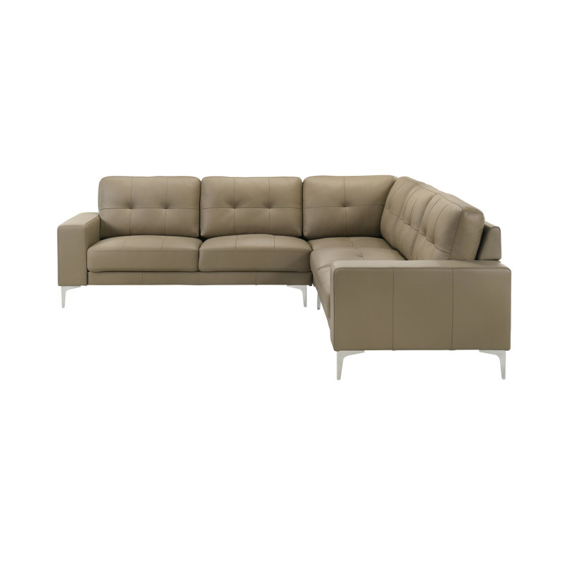 Norborne 102 In. Modern Leather Sectional Sofa In Khaki With Tufted Back And Track Arms, Khaki Top Grain Leather