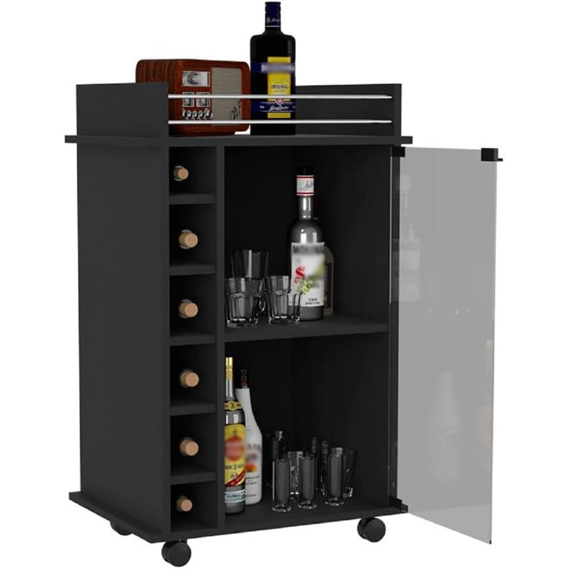 Bar Cabinet Liquor Cabinet Wine Cabinet Bar Cabinets For Liquor Farmhouse Storage Sideboard Buffet Coffee Bar Cabinet With Glass Door, 4 Caster, 2 Shelves And 6 Wine Cubbies